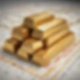 An artistic representation of gold bars stacked with financial graphs in the background