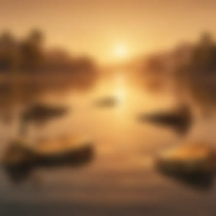 A serene landscape with a golden sunset reflecting on tranquil waters, symbolizing stability