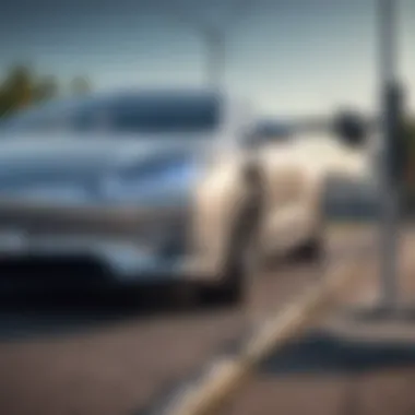 A sleek electric vehicle charging at a renewable energy station