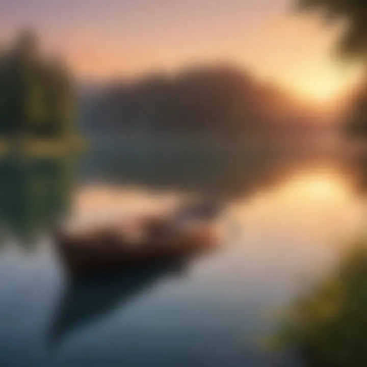 A picturesque sunset view over a tranquil lake with a boat