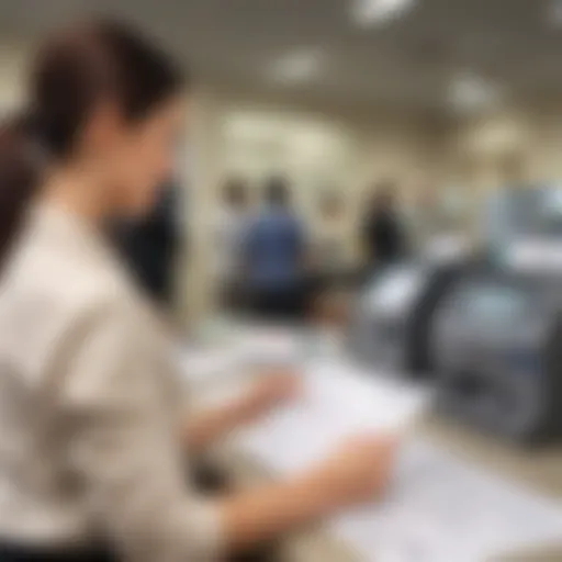 A bank teller handing over a cashier's check to a customer